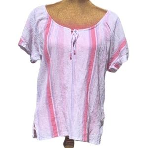 Splendid Top Pullover Keyhole Tie Neck Stripe Short Sleeve Pink L